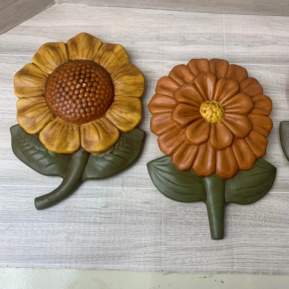Vintage 70s Style Floral Wall Decor Set 3 Sunflower Zinnia Poppy Retro Flowers